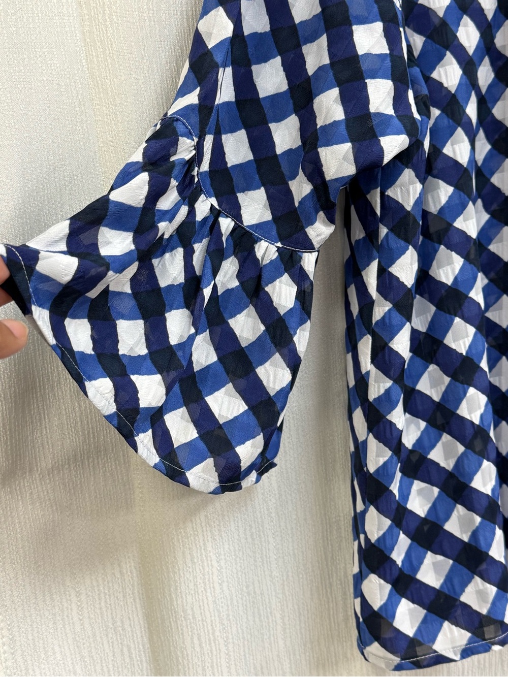 Ruby Rd. Navy and White Gingham Ruffle-Collar Button-Front Blouse - Picture 3 of 9